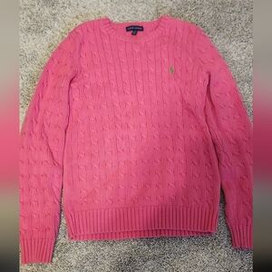 NWOT Ralph Lauren $168 100% Cotton Cable Knit Sweater Size L Hot Pink Green Logo